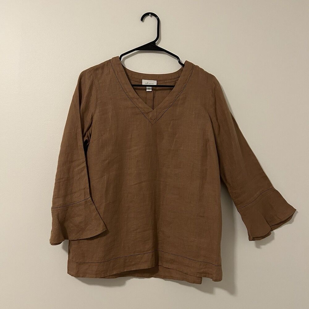 J Jill Love Linen V Neck Blouse 100% Linen Bell Sleeve Tan Pecan - XS